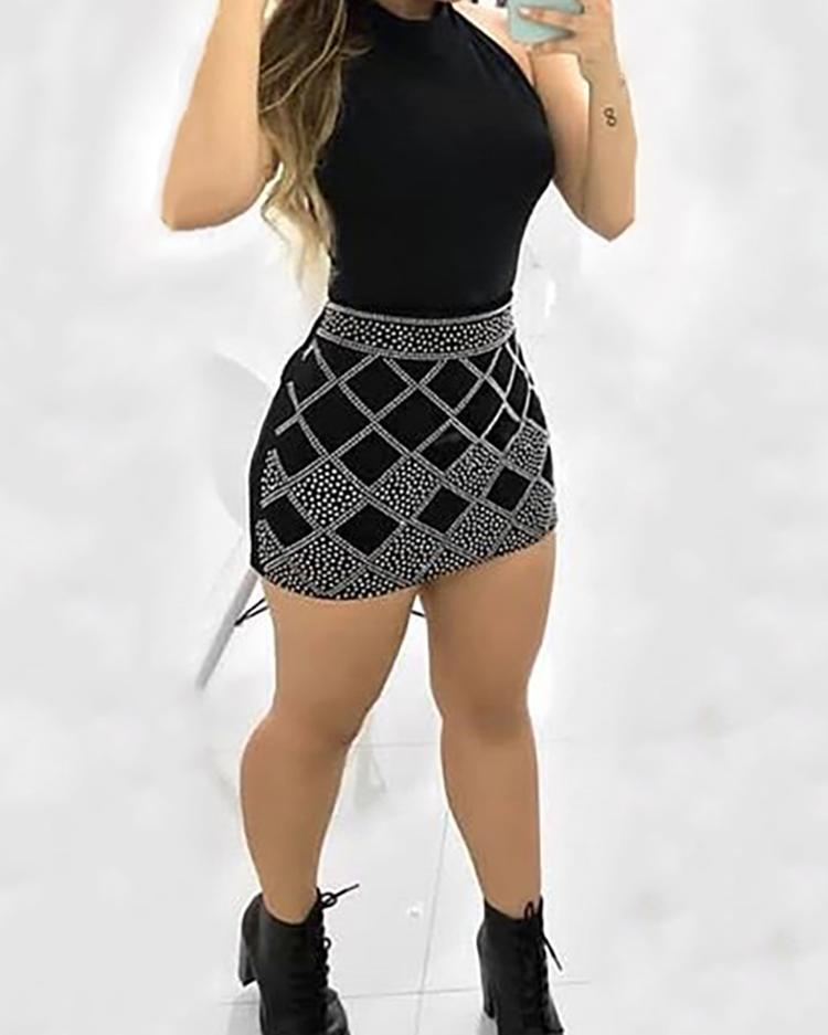 Rhinestone Argyle Pattern Sleeveless Bodycon Dress