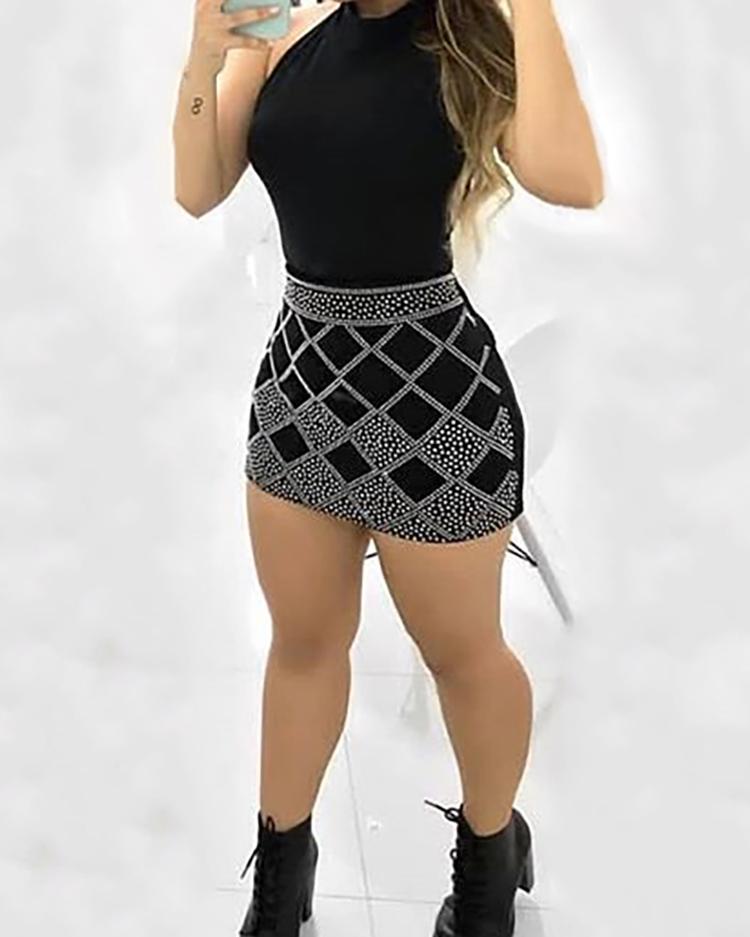 Rhinestone Argyle Pattern Sleeveless Bodycon Dress