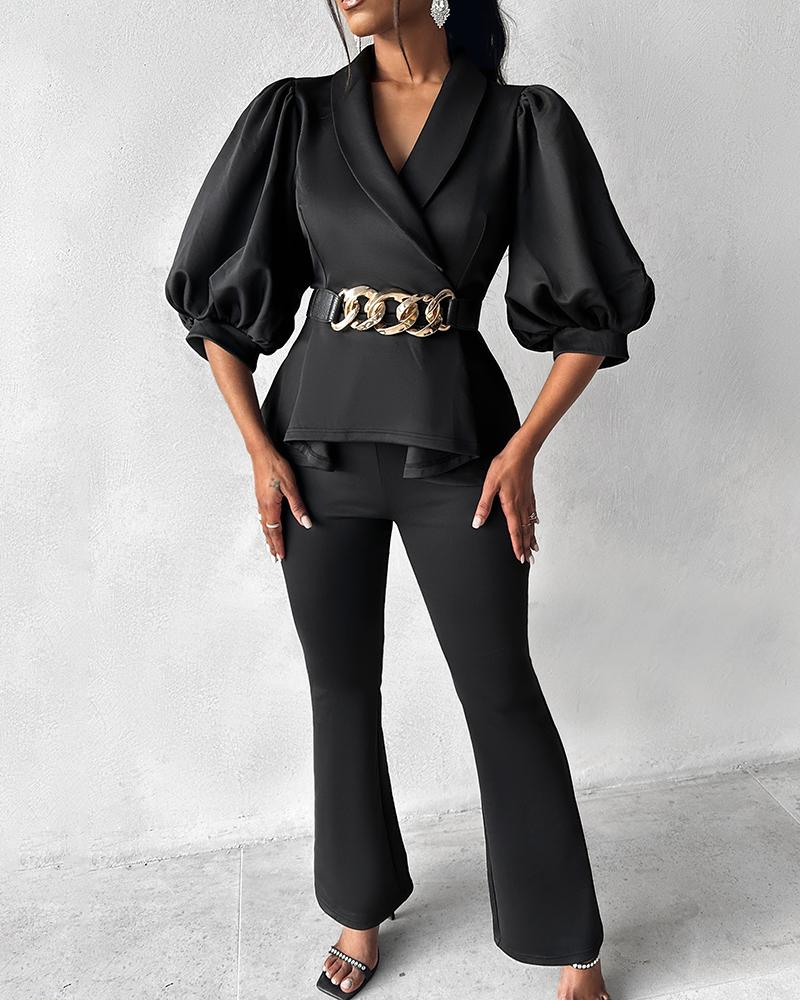 Lantern Sleeve Ruffles Top & Flared Pants Set