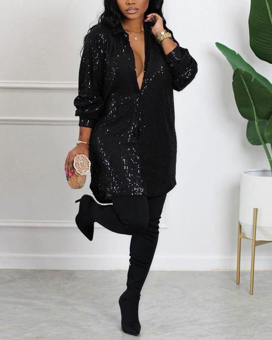 Plus Size Long Sleeve Allover Sequin Shirt Dress