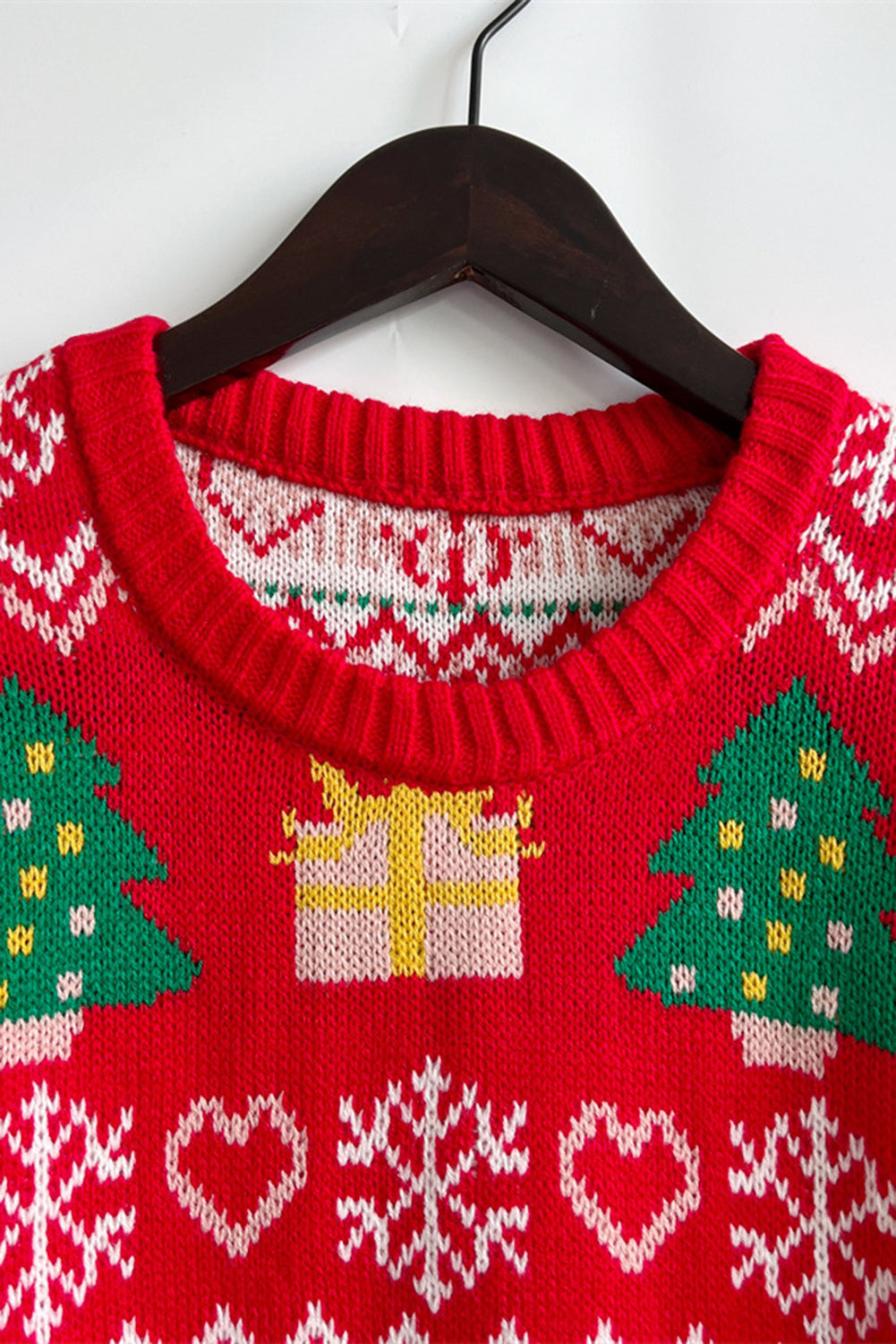 Fiery Red Christmas Pattern Drop Shoulder Knitted Sweater