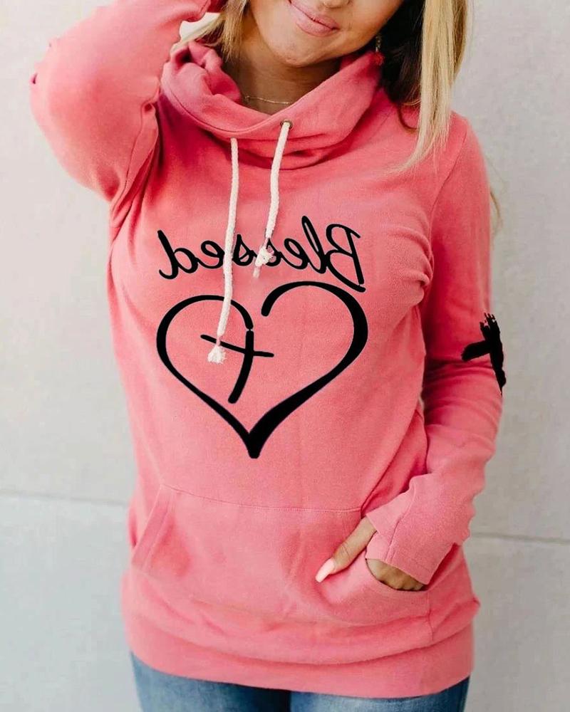 Letter Heart Print Hooded Long Sleeve Sweatshirt