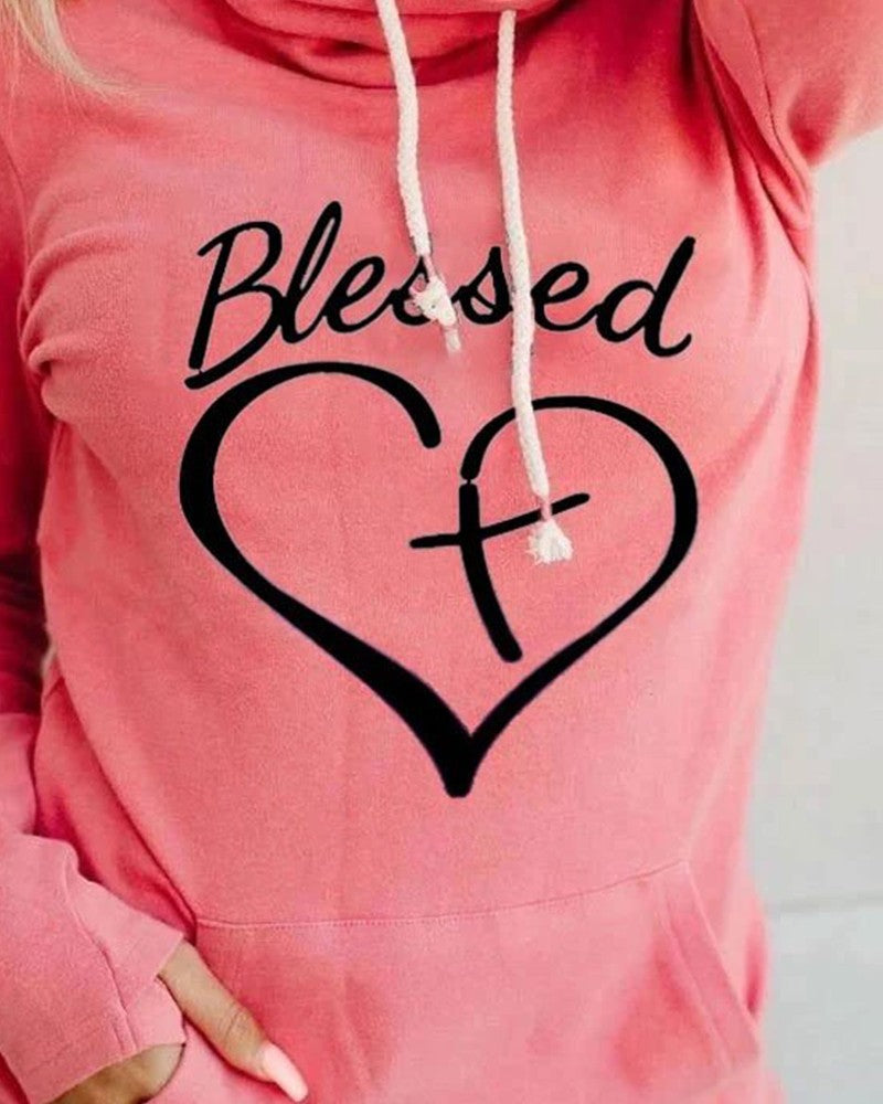 Letter Heart Print Hooded Long Sleeve Sweatshirt