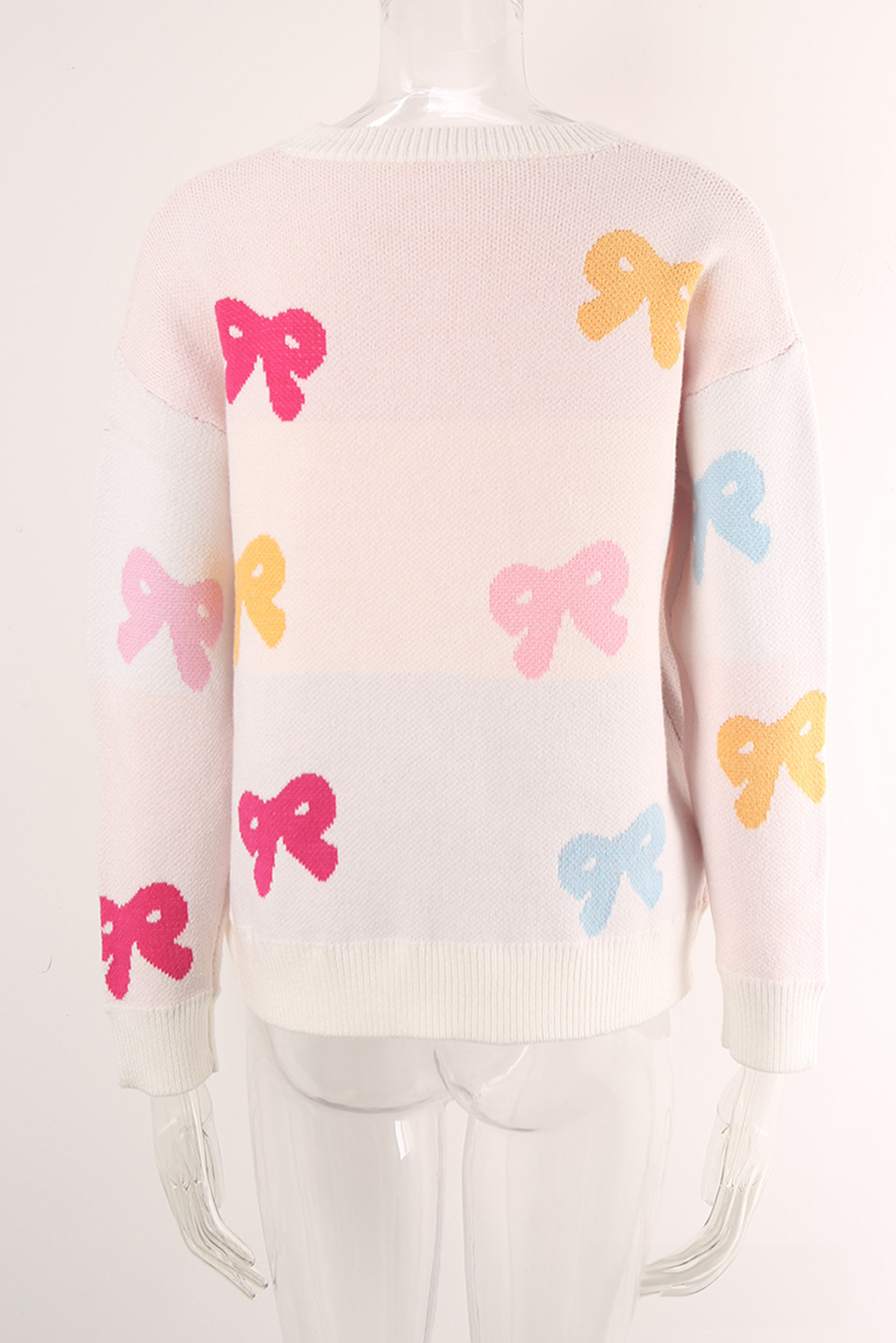 White Valentine Bow Print Crew Neck Drop Shoulder Sweater