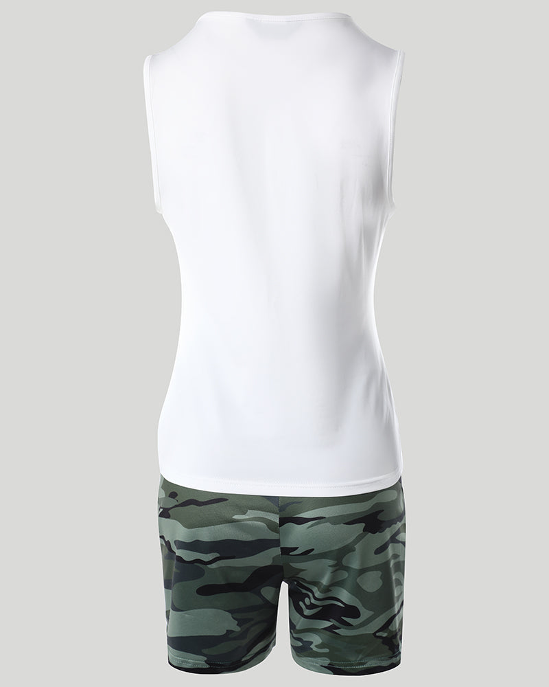 Nope Not Today Camouflage Print Casual Tank Top & Shorts Set