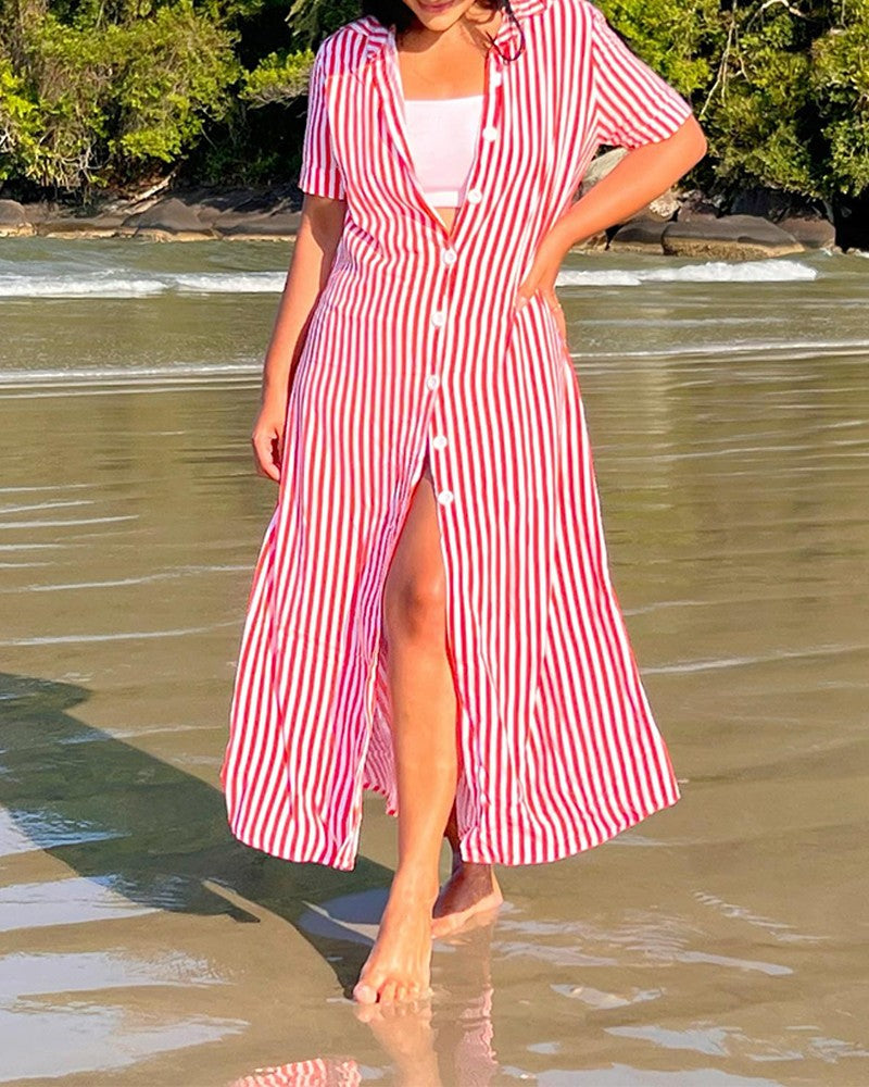 Striped Short Sleeve Buttoned Casual Shirt Dress