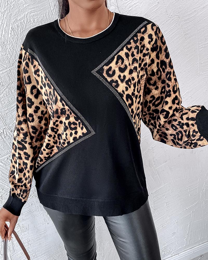 Leopard Pattern Pullover Knit Sweater Crewneck Long Sleeve Tops