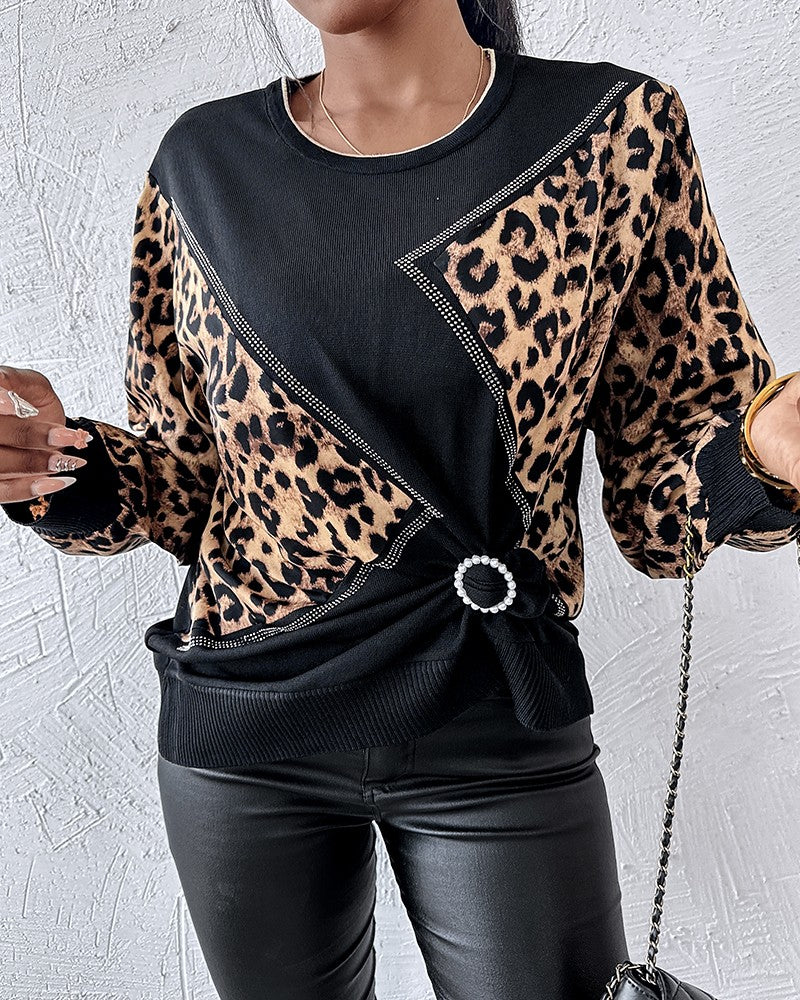 Leopard Pattern Pullover Knit Sweater Crewneck Long Sleeve Tops