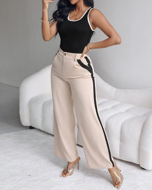 Contrast Binding Tank Top & Striped Pants Set