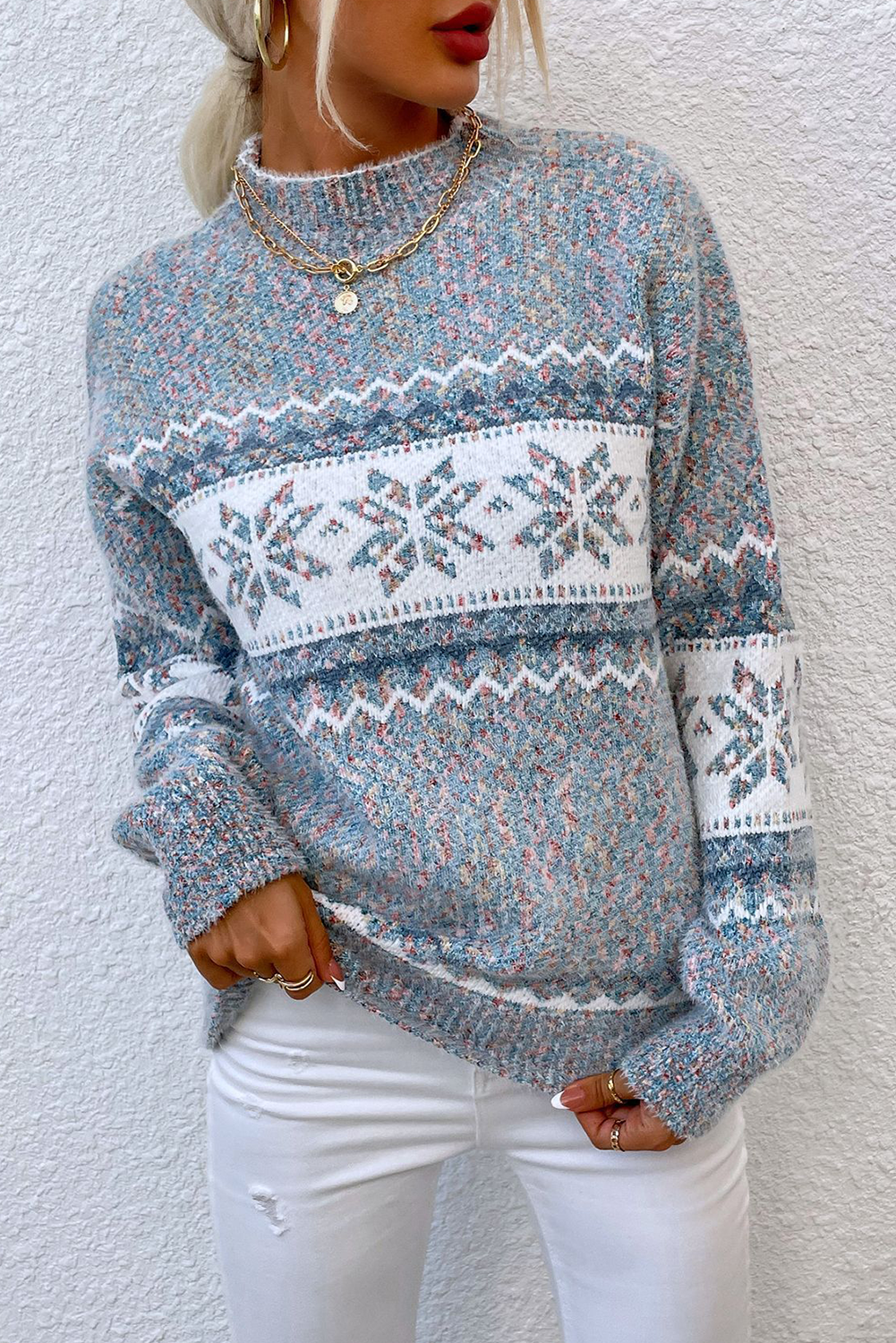 Gray Retro Snowflake Pattern Mock Neck Fuzzy Sweater