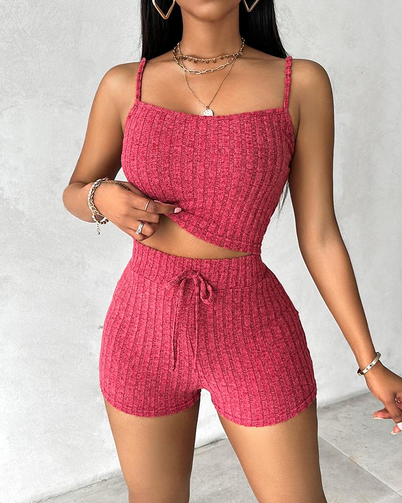 U Neck Ribbed Top & Drawstring Shorts Set With Open Front Coat