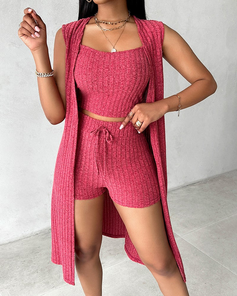 U Neck Ribbed Top & Drawstring Shorts Set With Open Front Coat