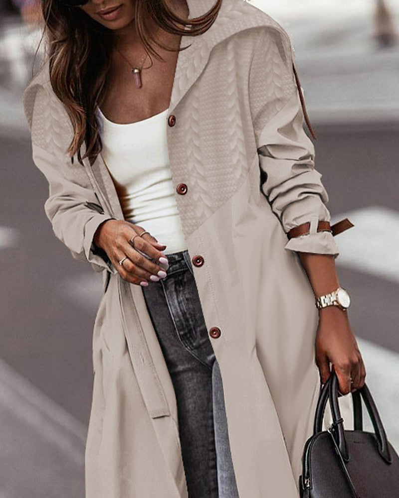 Buttoned Wheat Textured Cargo Trench Coat