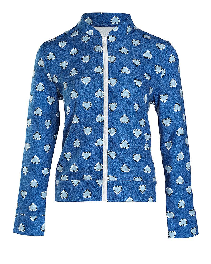 Zipper Front Heart Print Long Sleeve Coat