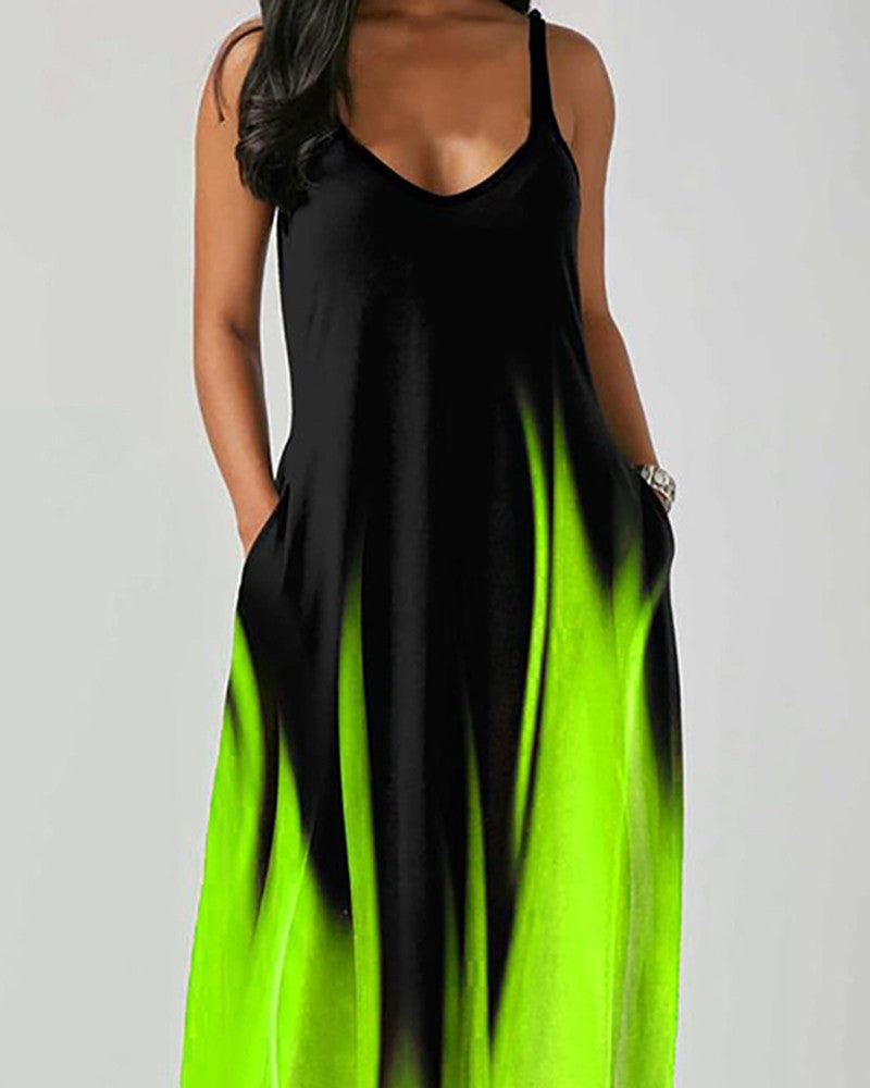 Abstract Print Colorblock Pocket Design Maxi Dress