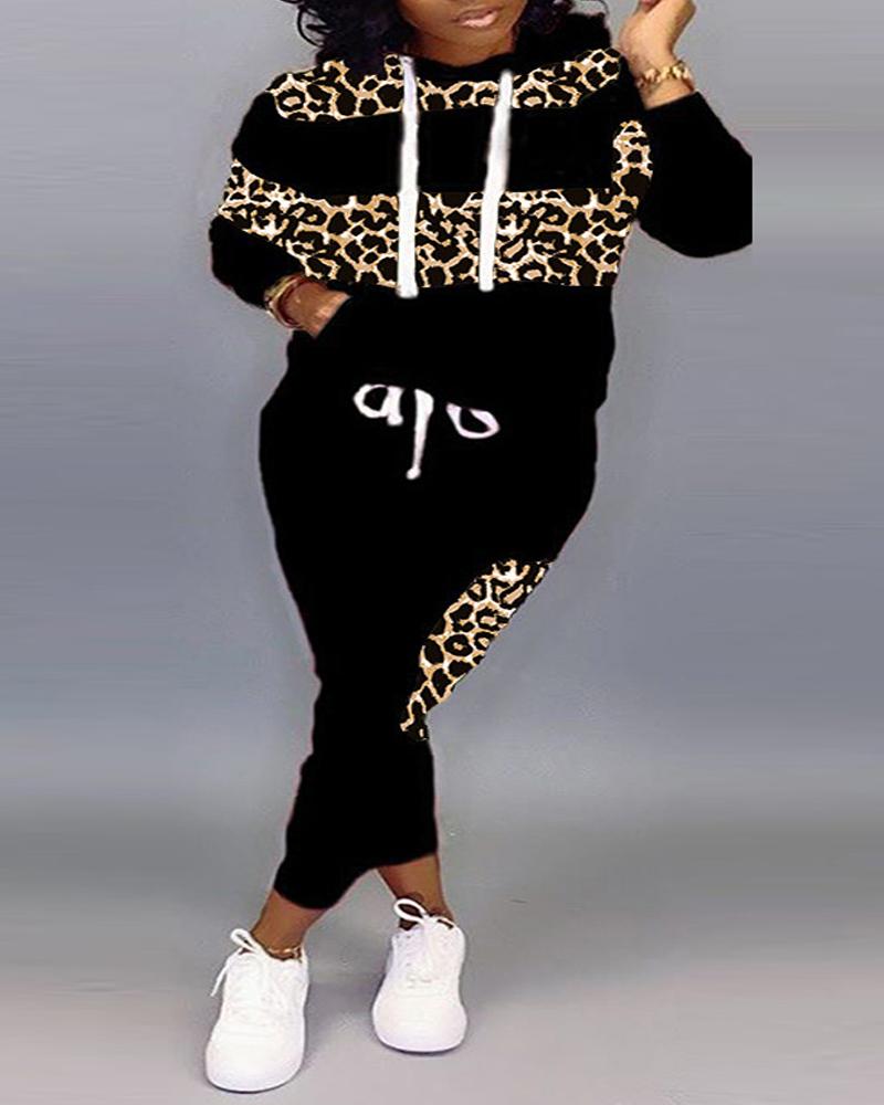 Plus Size Leopard Print Long Sleeve Hoodie & Pants Set