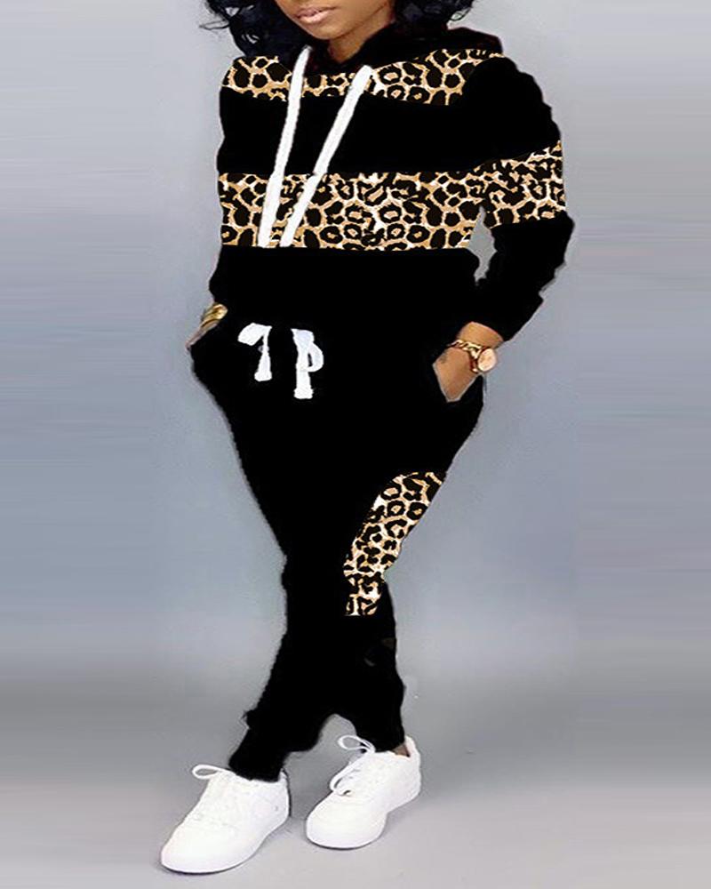 Plus Size Leopard Print Long Sleeve Hoodie & Pants Set