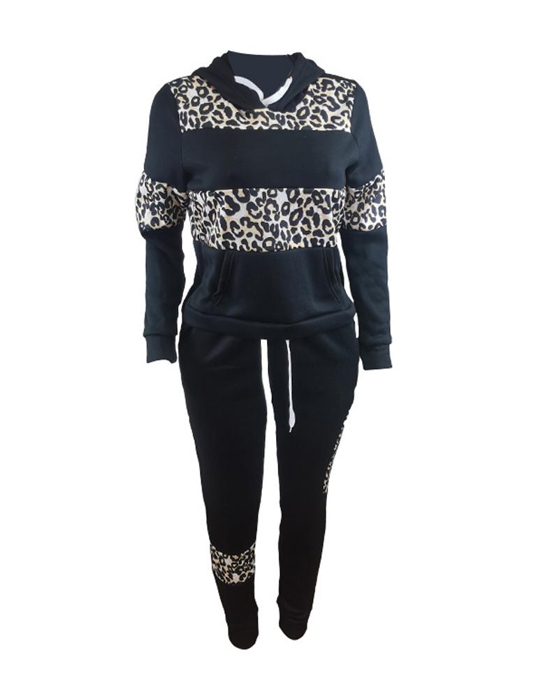 Plus Size Leopard Print Long Sleeve Hoodie & Pants Set