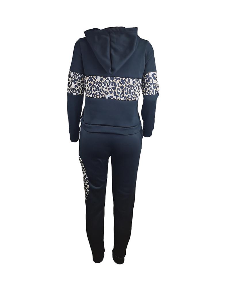 Plus Size Leopard Print Long Sleeve Hoodie & Pants Set