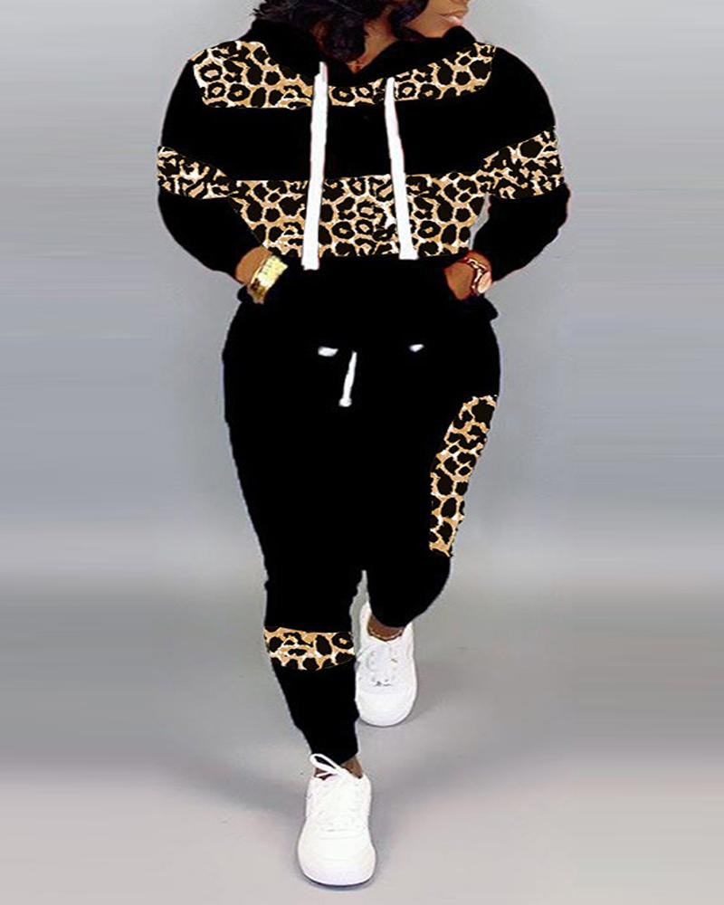 Plus Size Leopard Print Long Sleeve Hoodie & Pants Set