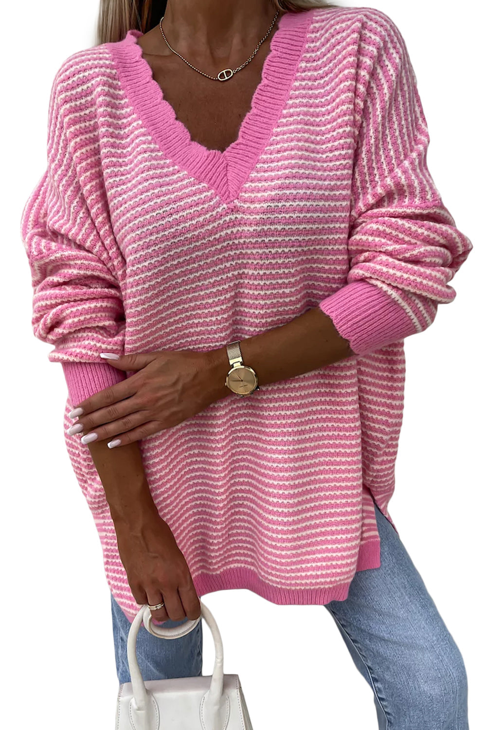 Pink Striped Scallop V Neck Loose Sweater with Slits