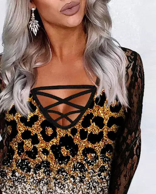 Leopard Print Contrast Lace Long Sleeve Top