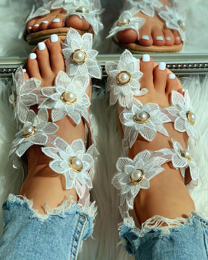 Toe Ring Flower Design Flat Sandals