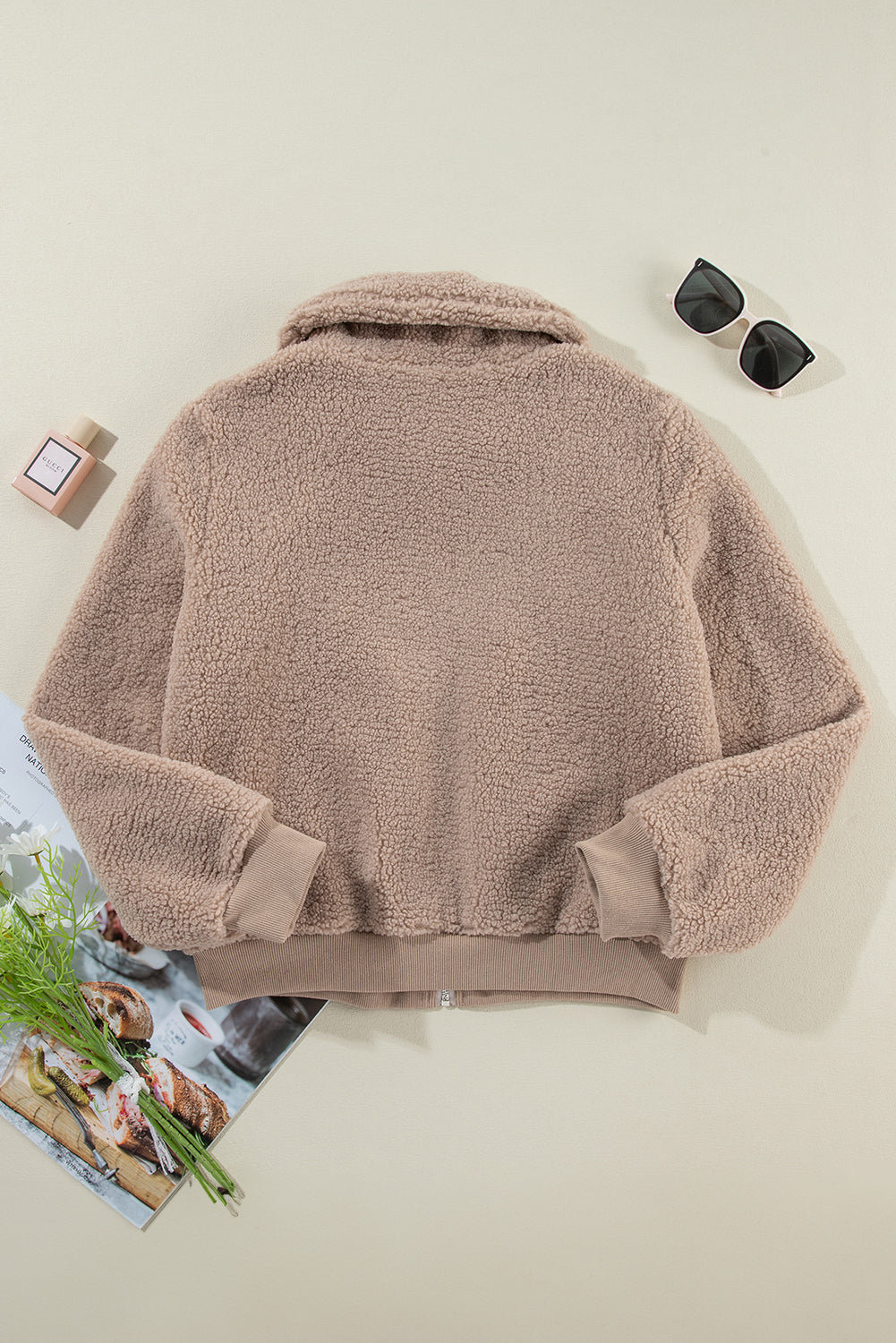 Light French Beige Zipper Pocketed Winter Fuzzy Jacket