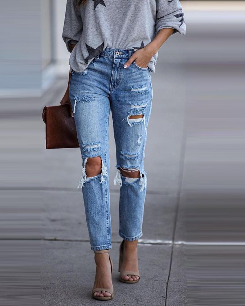 Ripped Cutout High Waist Button Design Jeans