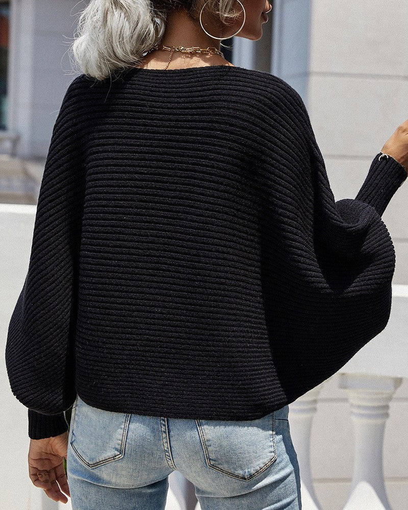 Long Batwing Sleeve Oversized Sweater Casual Crewneck Loose Ribbed Knit Pullover Tops