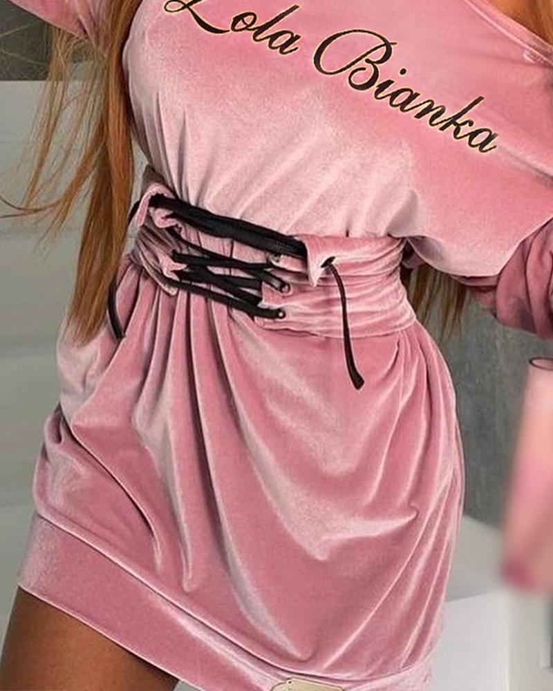 Embroidery Letter Eyelet Lace Up Velvet Sweatshirt Dress