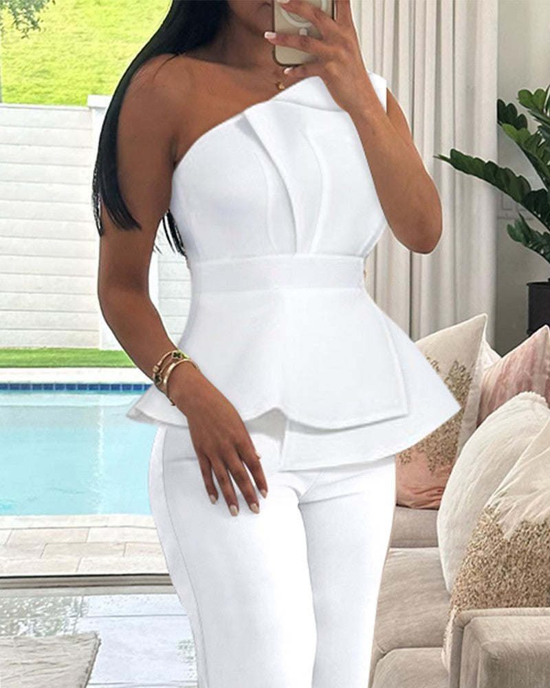 One Shoulder Ruched Top & Straight Leg Pants Set