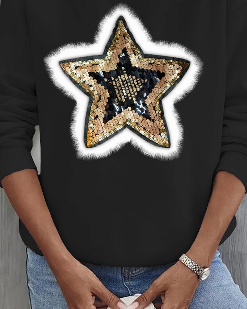 Sequin Star Pattern Fuzzy Detail Sweatshirt