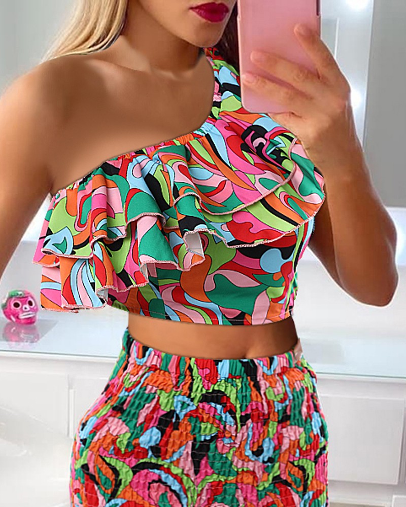 Paisley Print Ruffles Crop Top & Shirred Skirt Set