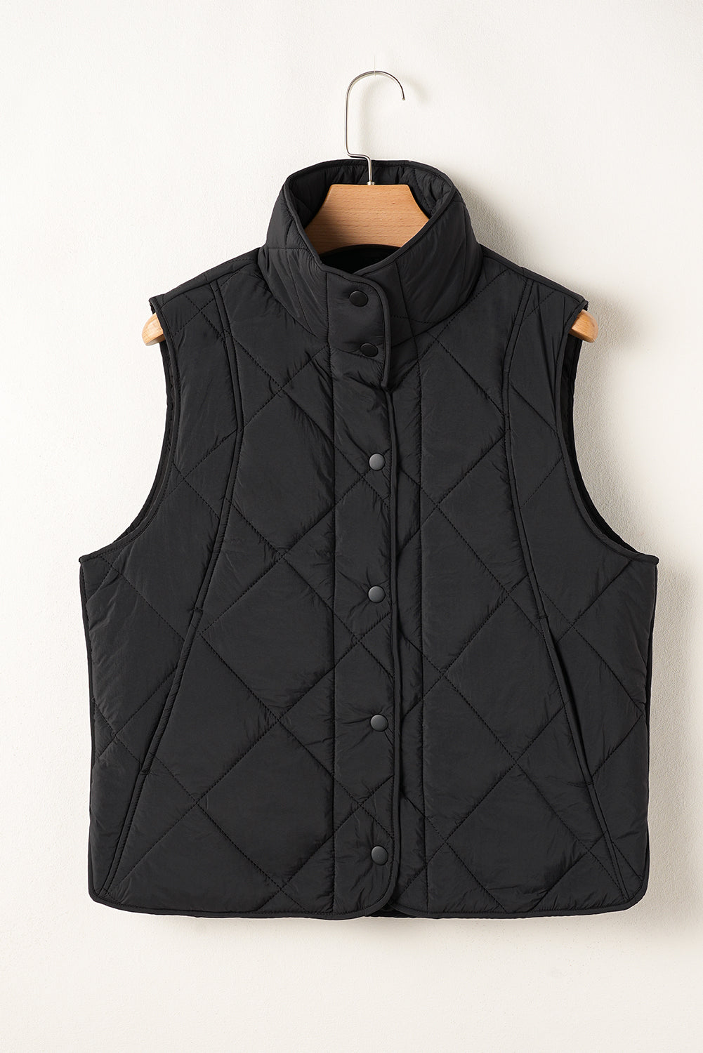 Black Quilted High Neck Button Up Pocket Vest Coat