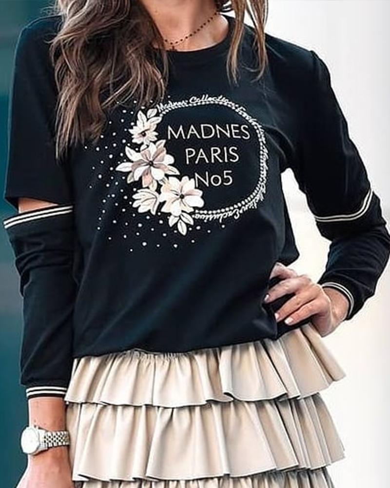 Floral Letter Print Long Sleeve Cutout Sweatshirt