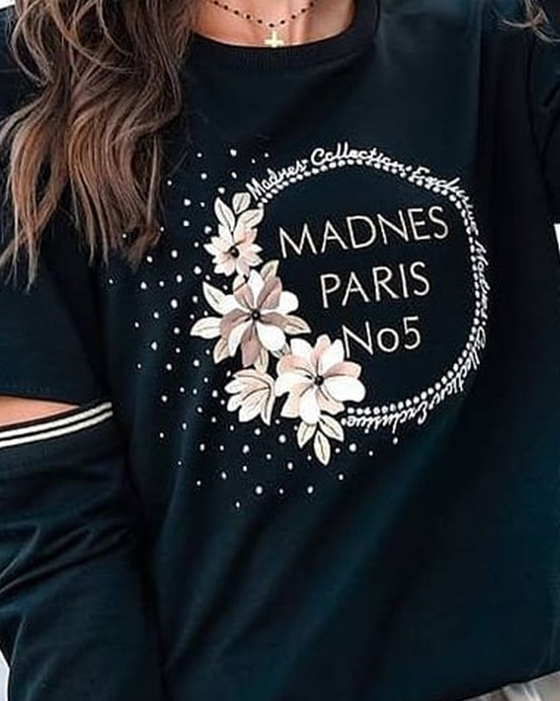 Floral Letter Print Long Sleeve Cutout Sweatshirt