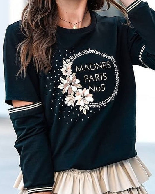 Floral Letter Print Long Sleeve Cutout Sweatshirt