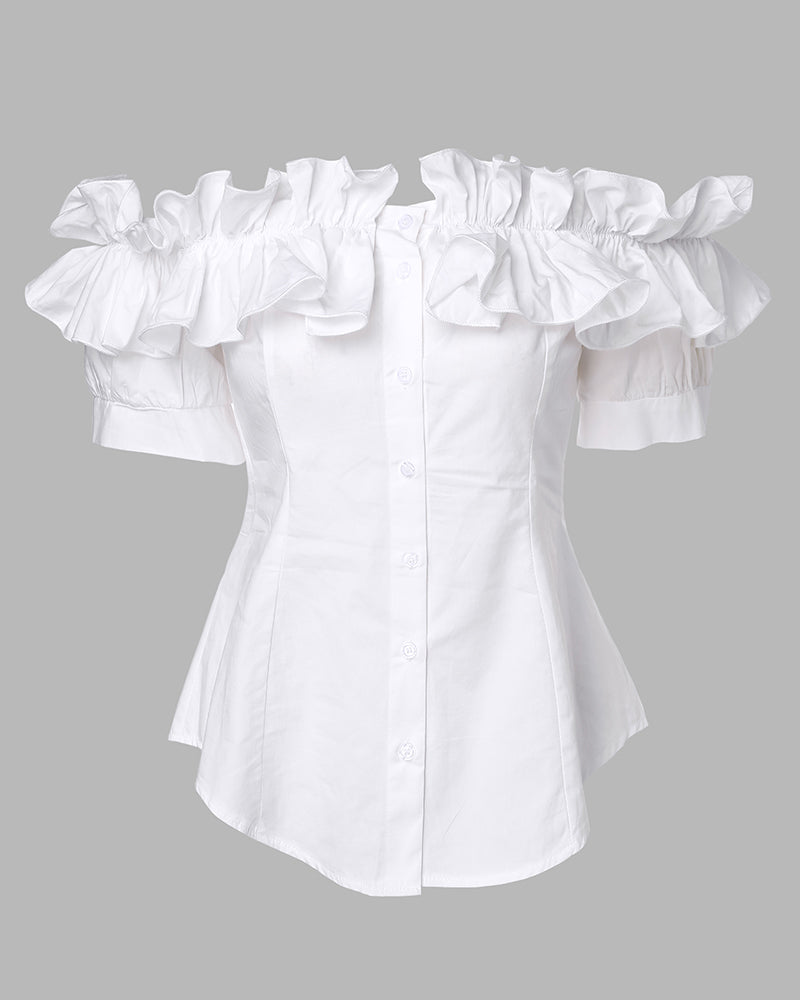 Off Shoulder Layered Ruffles Button down Asymmetrical Hem Top