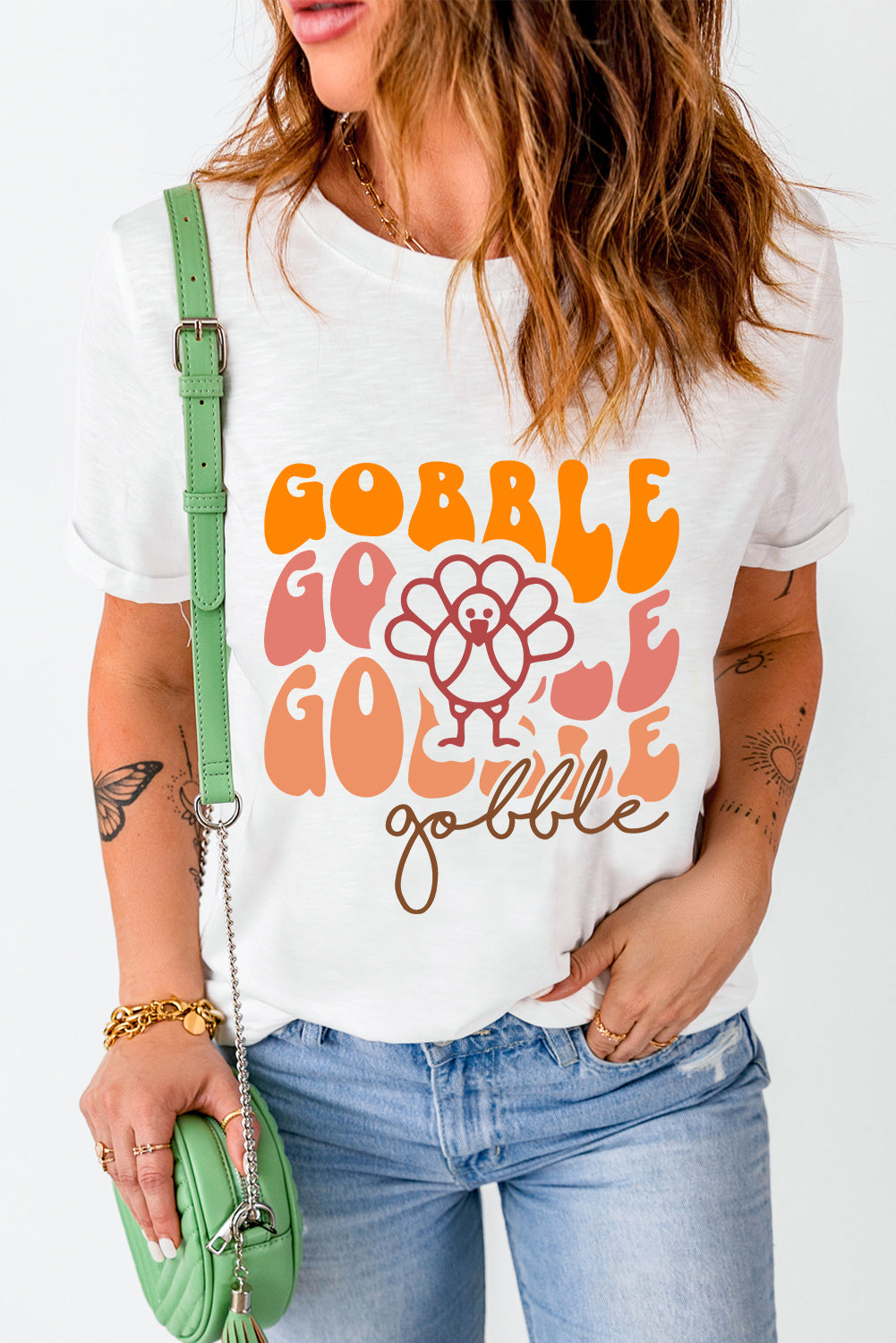 White Gobble Thanksgiving Turkey Graphic Cotton Blend T Shirt