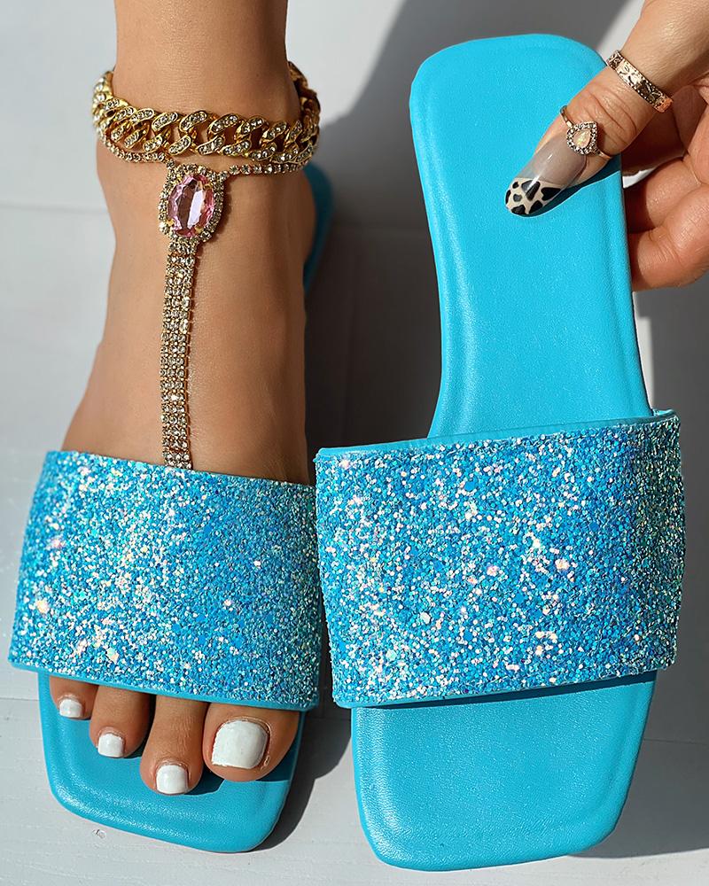 Glitter Wide Strap Square Toe Slippers