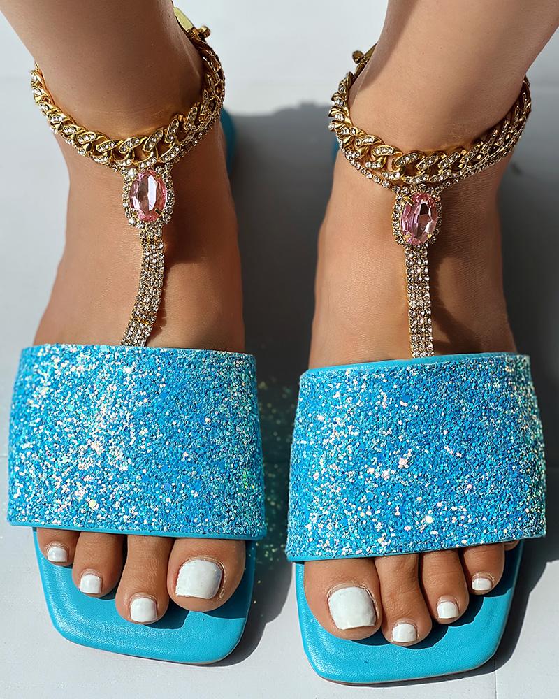 Glitter Wide Strap Square Toe Slippers