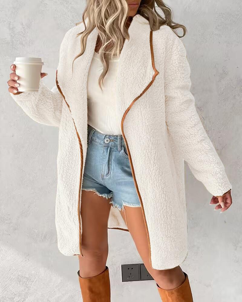 Contrast Binding Lapel Teddy Coat Open Front Longline Winter Outwear Jackets with Pockets