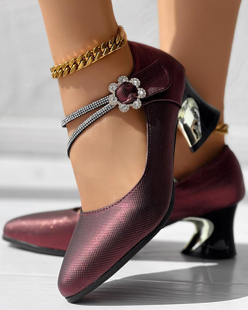 Rhinestone Decor Floral Buckle Chunky Pumps