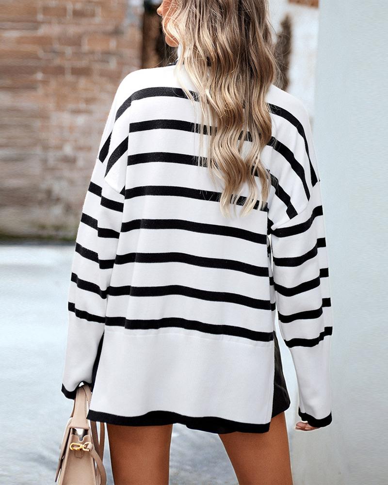 Striped High Neck Side Slit Knit Sweater