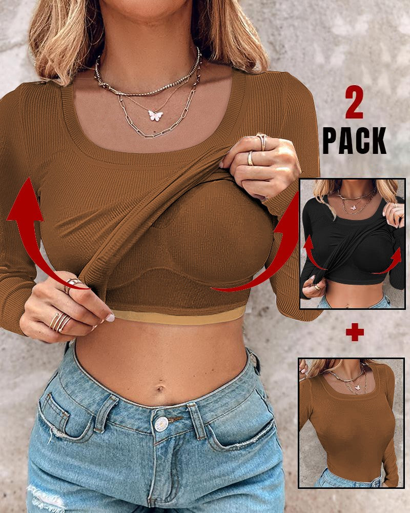 2 Piece U Neck Long Sleeve Athletic Tank Tops with Built In Bras Ribbed Design Casual Pack Top