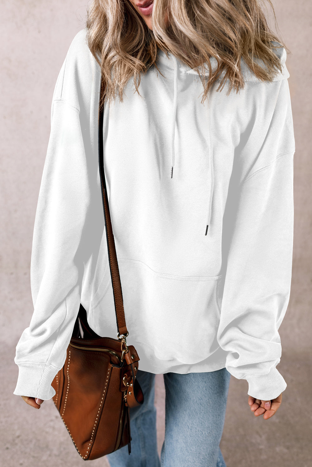 White Fleece Lined Kangaroo Pocket Drawstring Chunky Hoodie