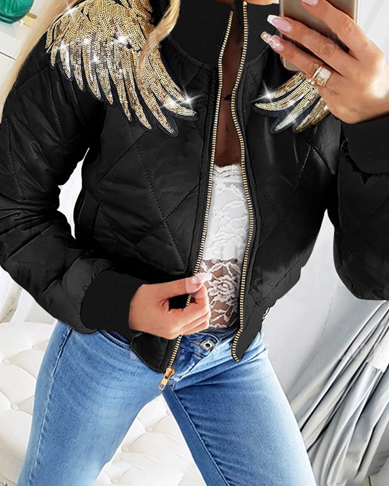 Angel Wings Pattern Contrast Sequin Puffer Coat