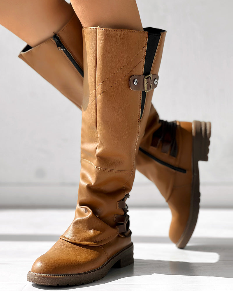 Side Zipper Buckled Round Toe Calf Boots