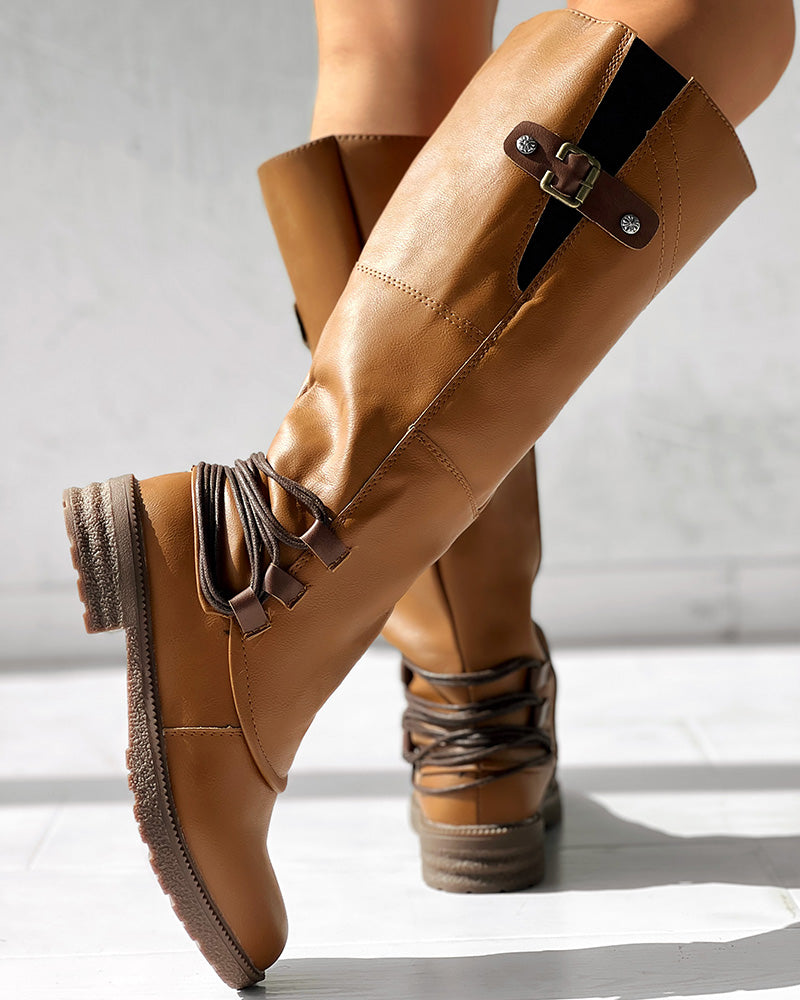 Side Zipper Buckled Round Toe Calf Boots